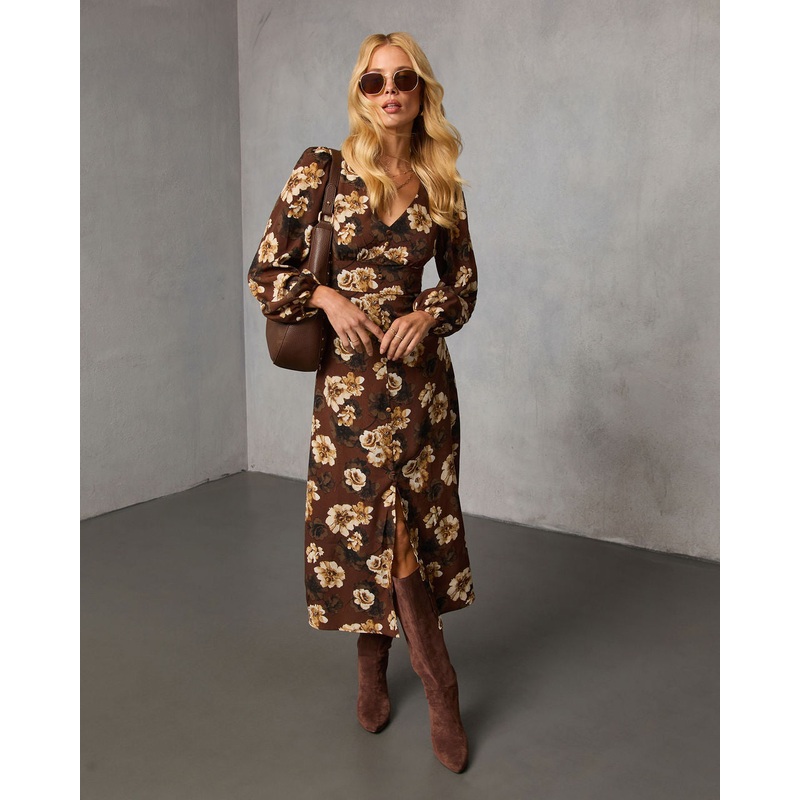 Sierana Printed Midi Dress Brown Floral S