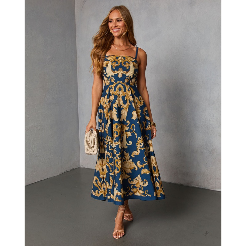 Thistle Loom Printed Fit and Flare Maxi Dress Blue Multi S