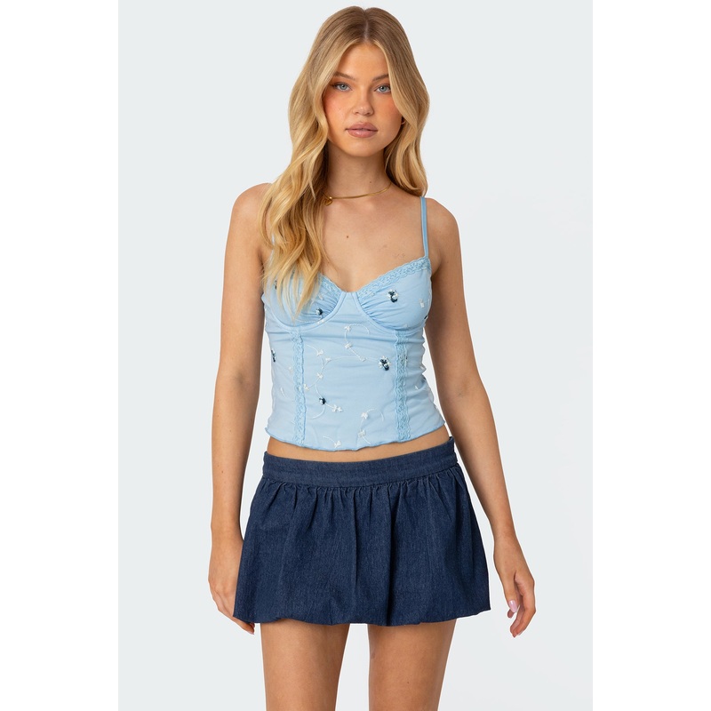 Victoria Embroidered Mesh Bra Top LIGHT BLUE XS