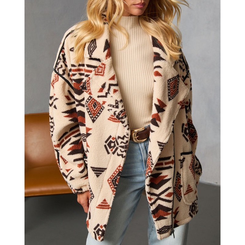Anaisa Aztec Print Sherpa Moto Jacket Cream Print S