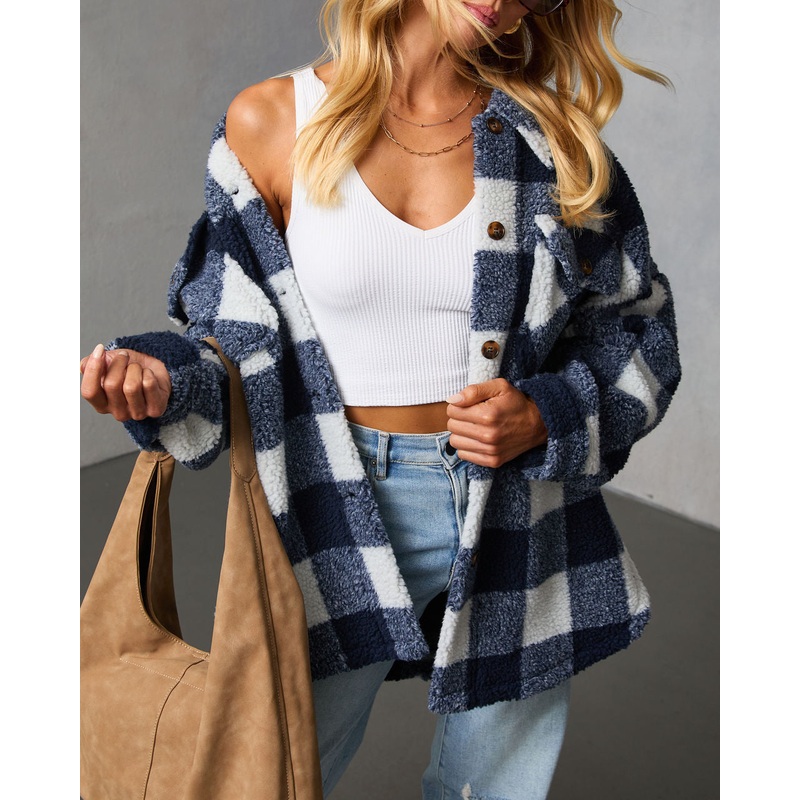 Elysie Curled Knit Plaid Jacket Navy XS