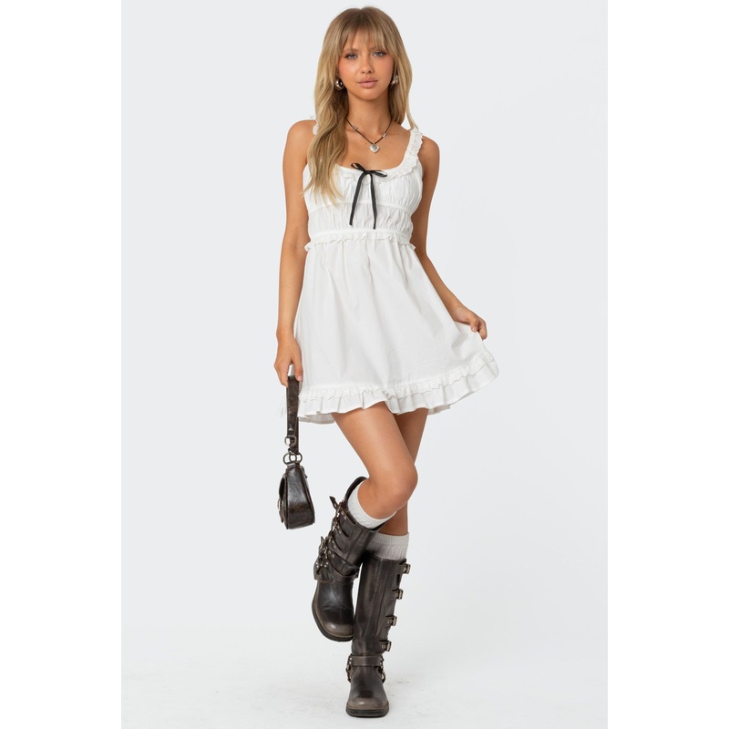 Eyelet Frill Mini Dress WHITE XS