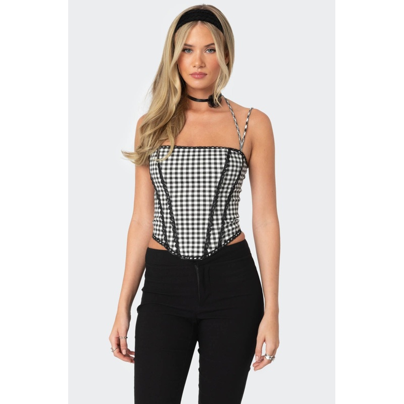 Gingham Lace Trim Corset BLACK AND WHITE XS