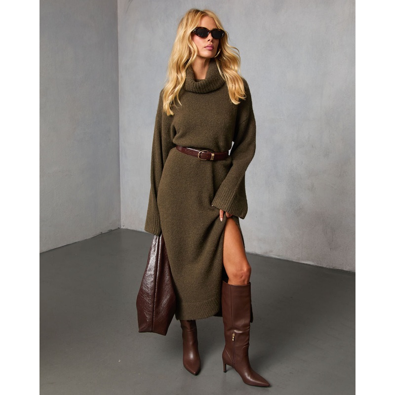 Roselle Turtleneck Midi Sweater Dress Olive S