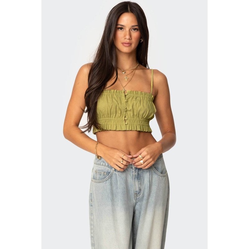 Alda Cropped Button Front Top GREEN XS