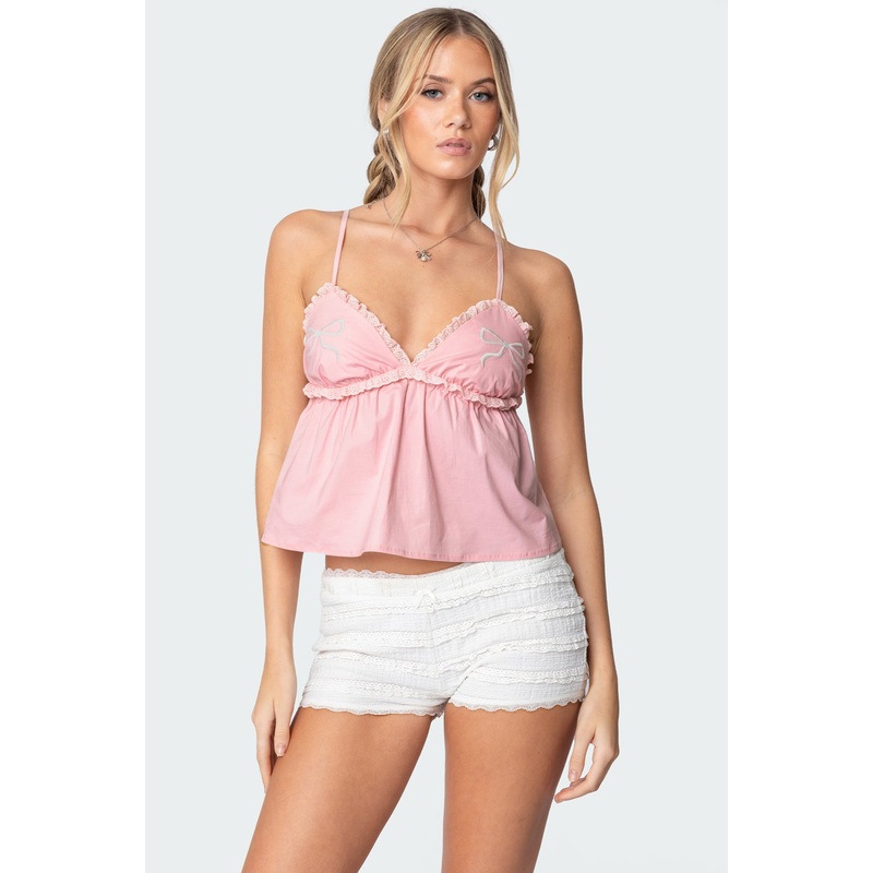 Bow & Frill Babydoll Top LIGHT PINK XS