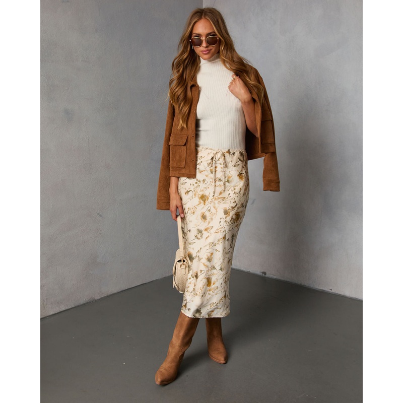 Crushed Maple Printed Midi Skirt Cream Multi S