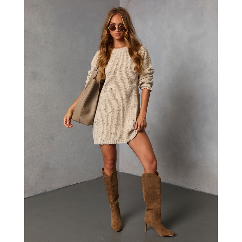 Honeycot Ribbed Knit Mini Sweater Dress Oatmeal XS