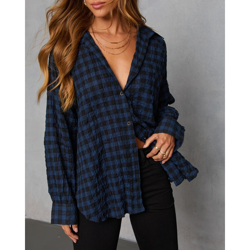 Keren Plaid Button Down Top Blue Multi S