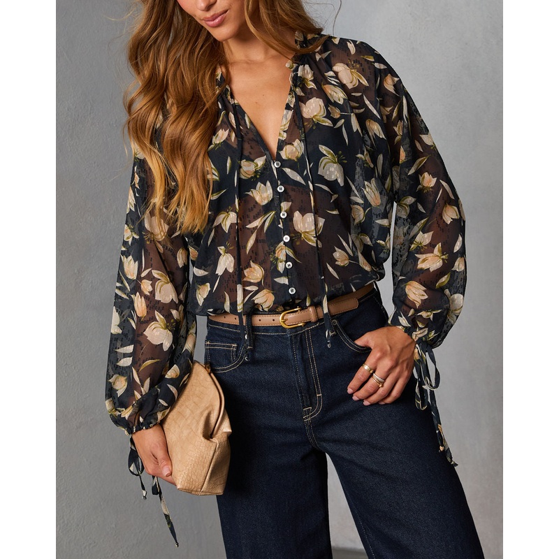 Rustic Bloom Printed Neck Tie Top Navy Floral S