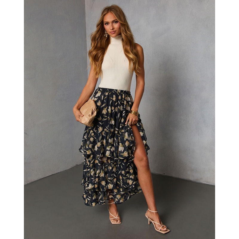Rustic Bloom Printed Tiered Maxi Skirt Navy Multi S