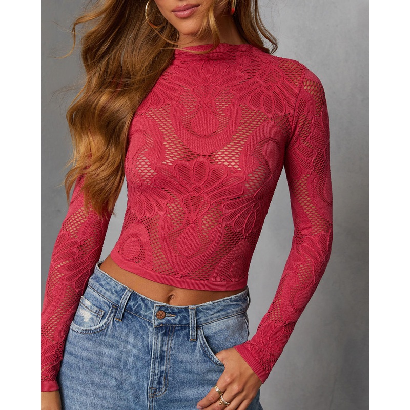 Slay Mode Abstract Open Knit Top Red S/M