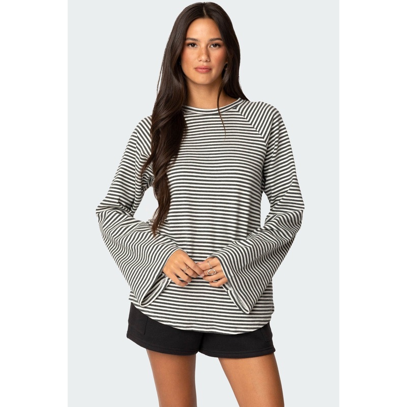 Stripey Oversized Bell Sleeve Top GRAY MELANGE XS
