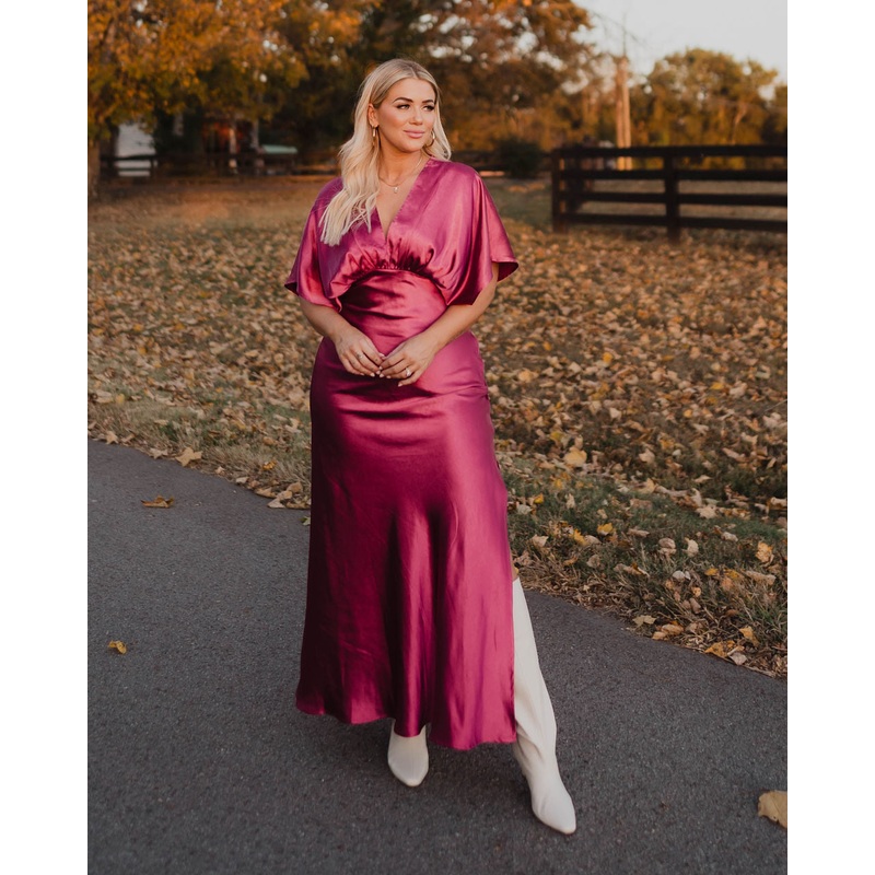 Theia Satin V-Neck Maxi Dress Magenta XS