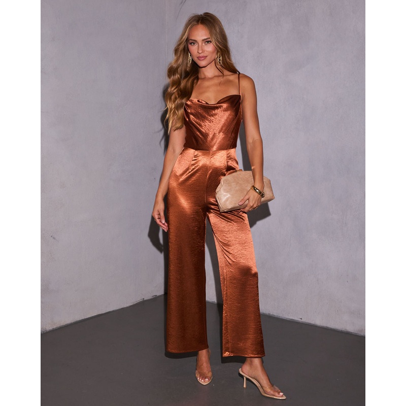 Dawns Caress Satin Cowl Neck Jumpsuit Cognac XS
