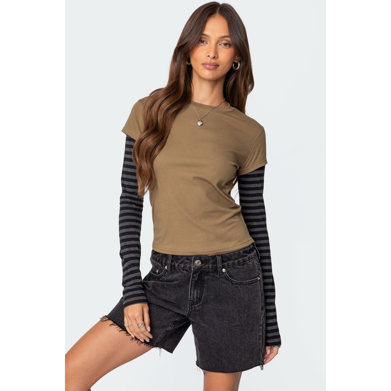 Eliana Layered Long Sleeve T Shirt OLIVE XS