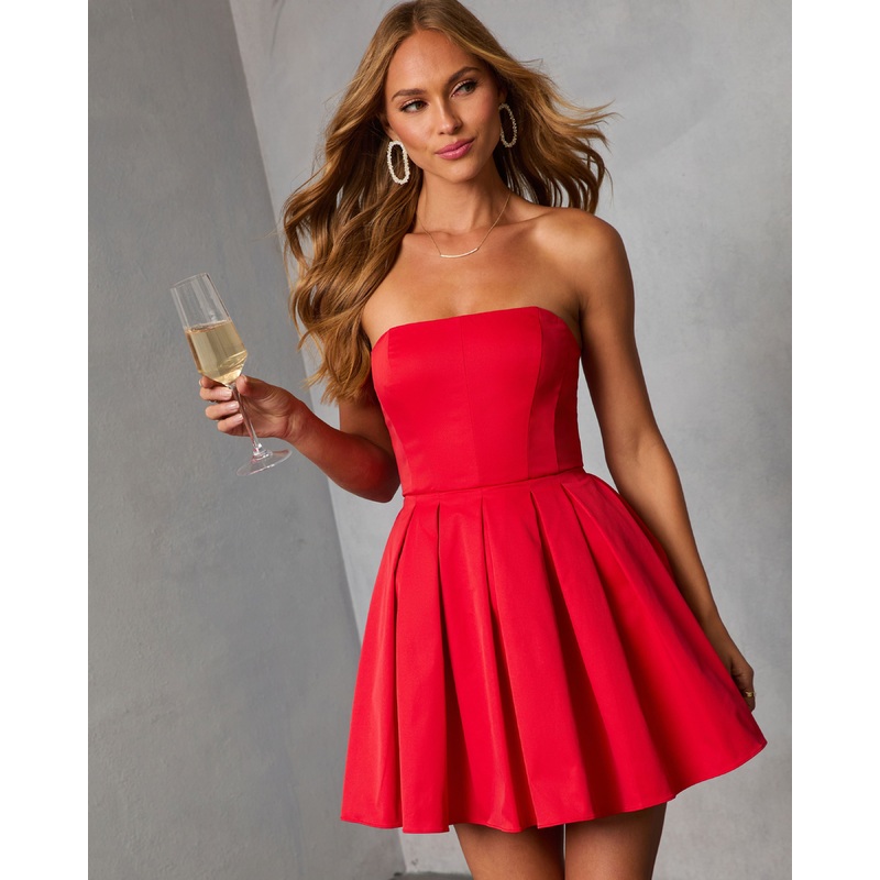Elisara Pleated Fit And Flare Mini Dress Red XS