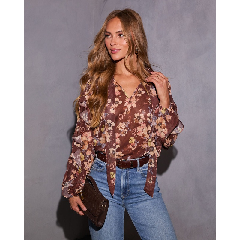 Evienne Printed Neck Tie Top Brown Floral XS