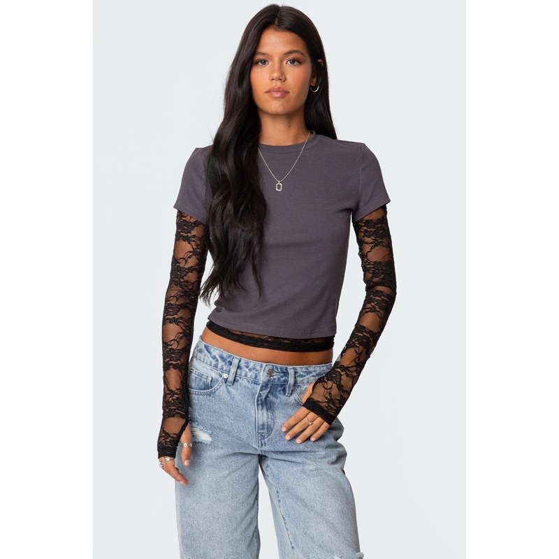 Layered Lace Sleeve T Shirt GRAY XS
