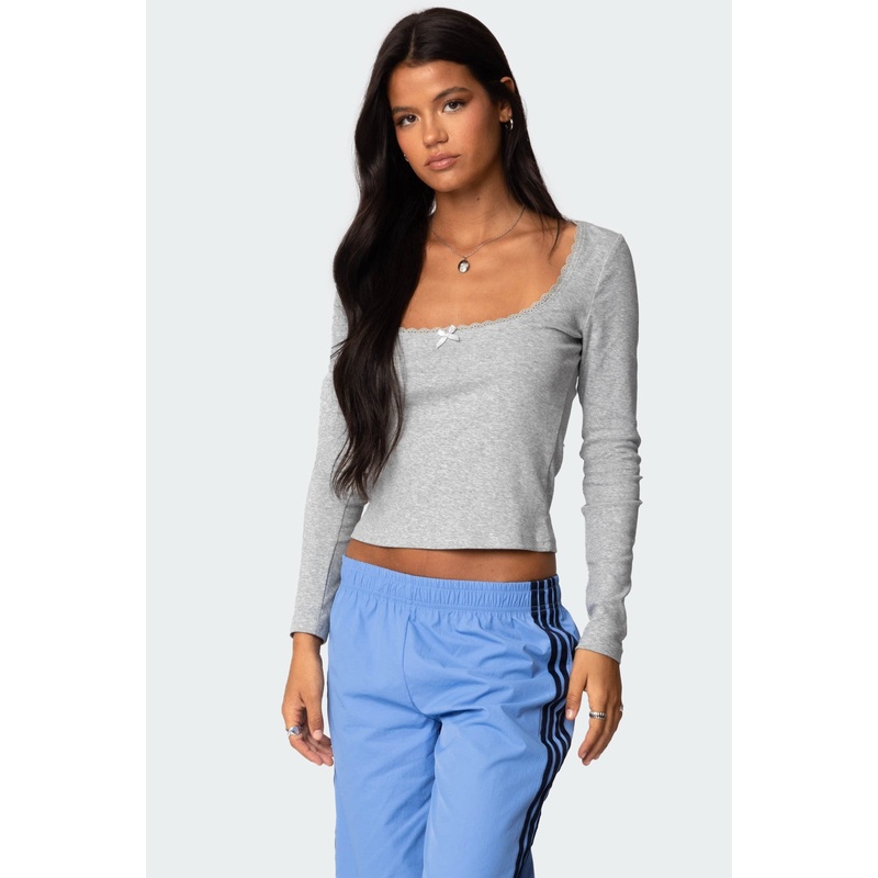 Mora Lace Trim Ribbed T Shirt GRAY MELANGE XS