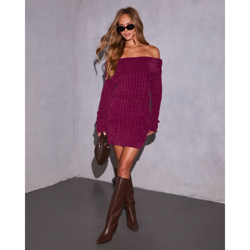 Ondine Off The Shoulder Mini Sweater Dress Wine XS