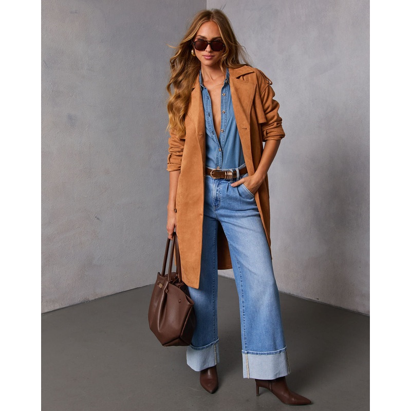 Samelah Suede Belted Trench Coat Camel XS