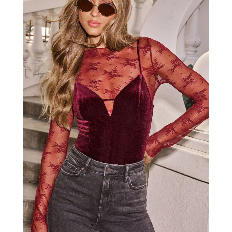 Secretly Yours Printed Lace Top Wine XS