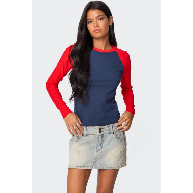 Tommi Raglan Long Sleeve T Shirt NAVY AND RED XS