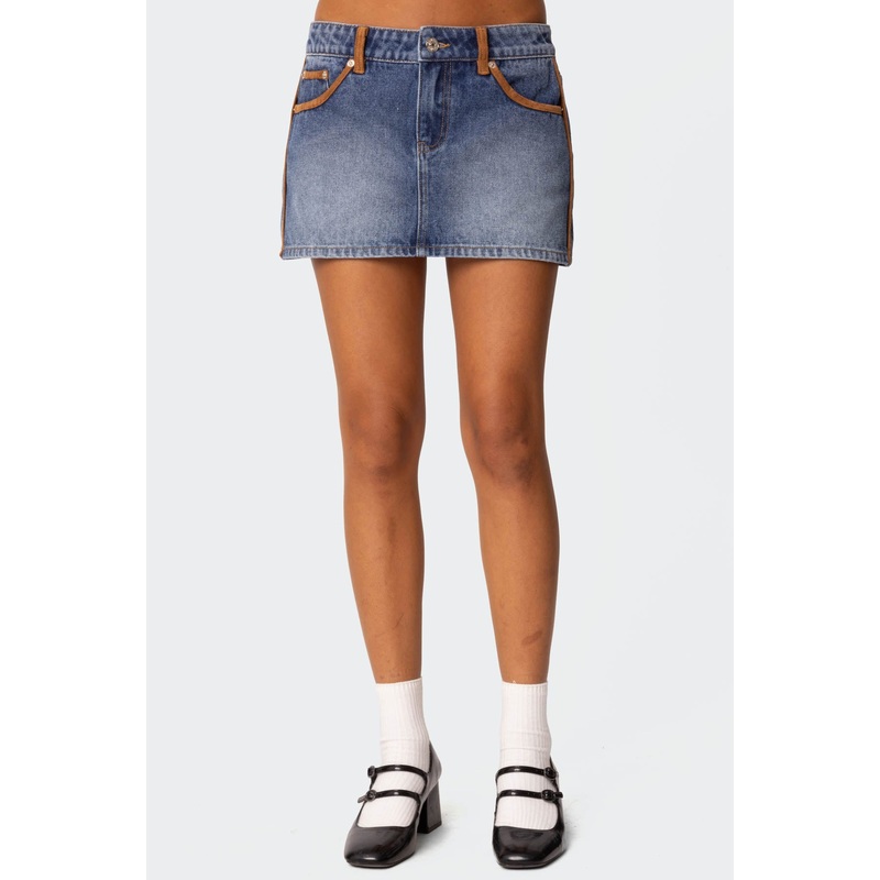 Vera Suede Trim Denim Mini Skirt BLUE XS