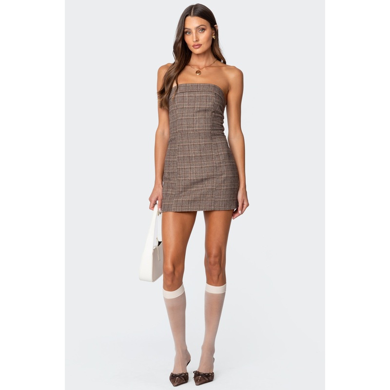 Boss Mode Plaid Mini Dress BROWN XS