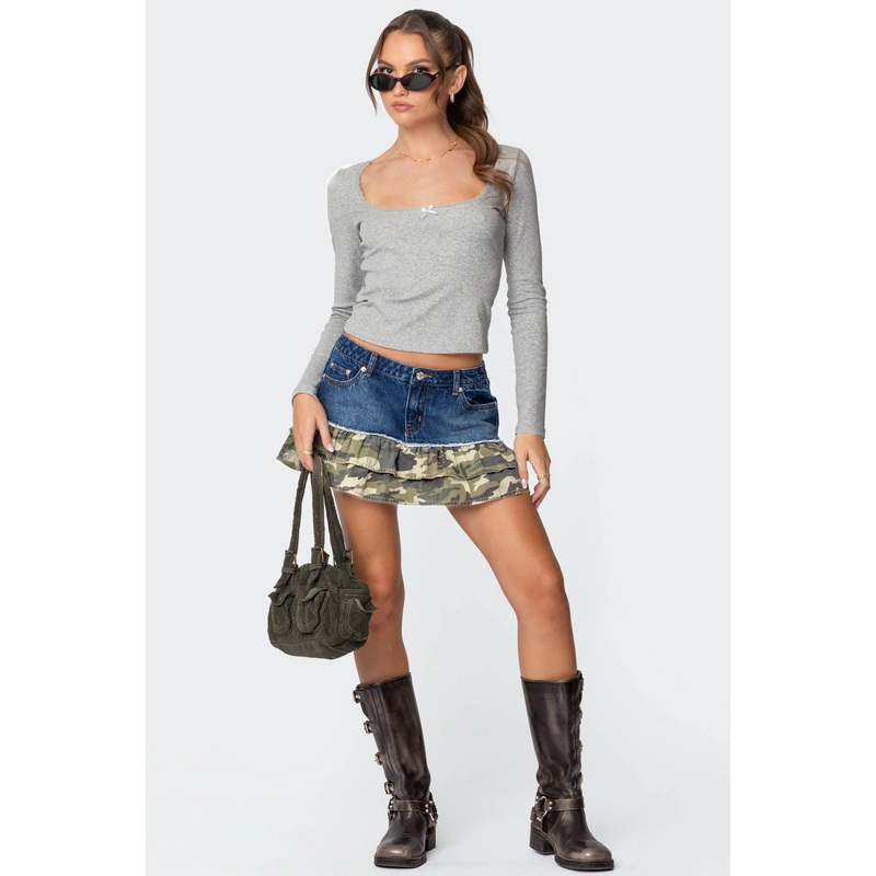Camo Ruffle Denim Mini Skirt BLUE WASHED XS