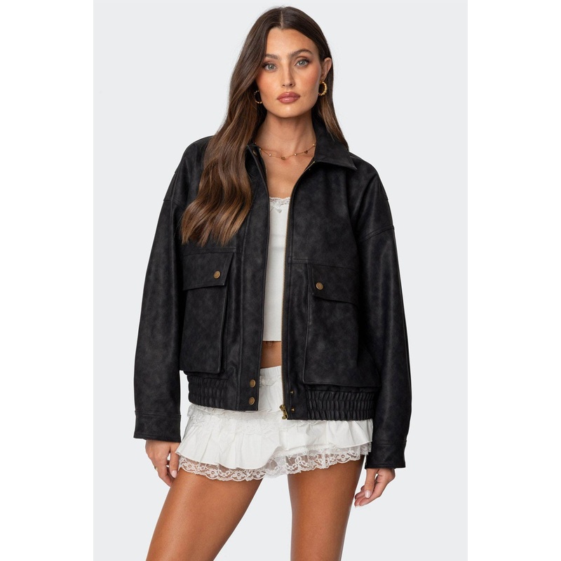 Cargo Faux Leather Bomber Jacket BLACK XS
