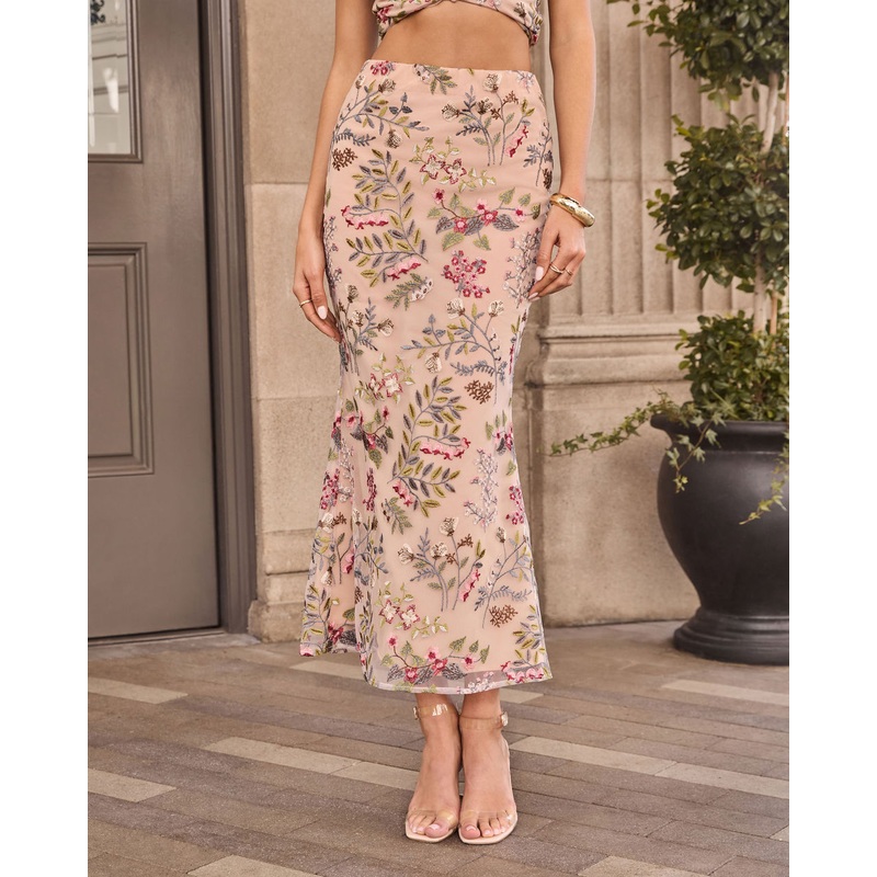 Corrie Embroidered Maxi Skirt Taupe Floral XS