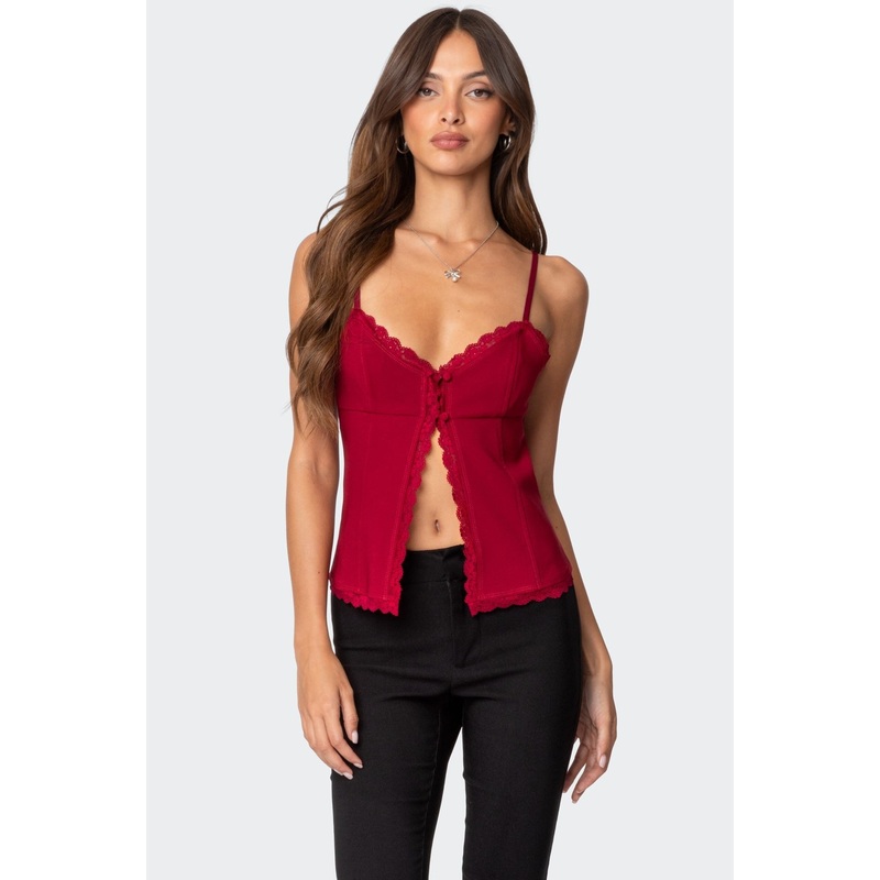 Crimson Lacey Split Front Top BURGUNDY XS