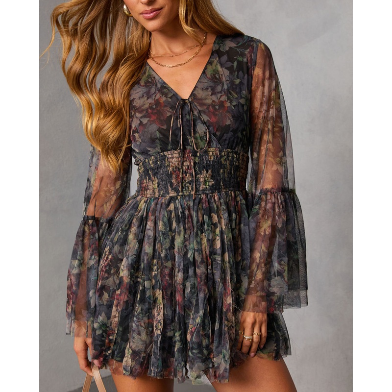 Dahliah Printed Fit And Flare Mini Dress Black XS