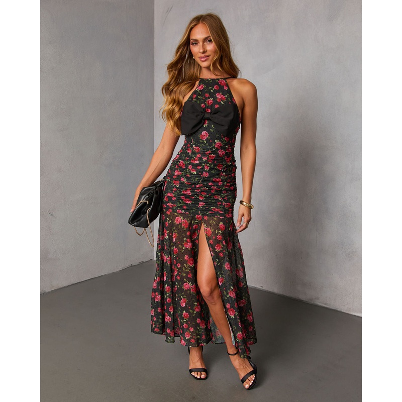 Edeita Bow Halter Maxi Dress Black Floral XS