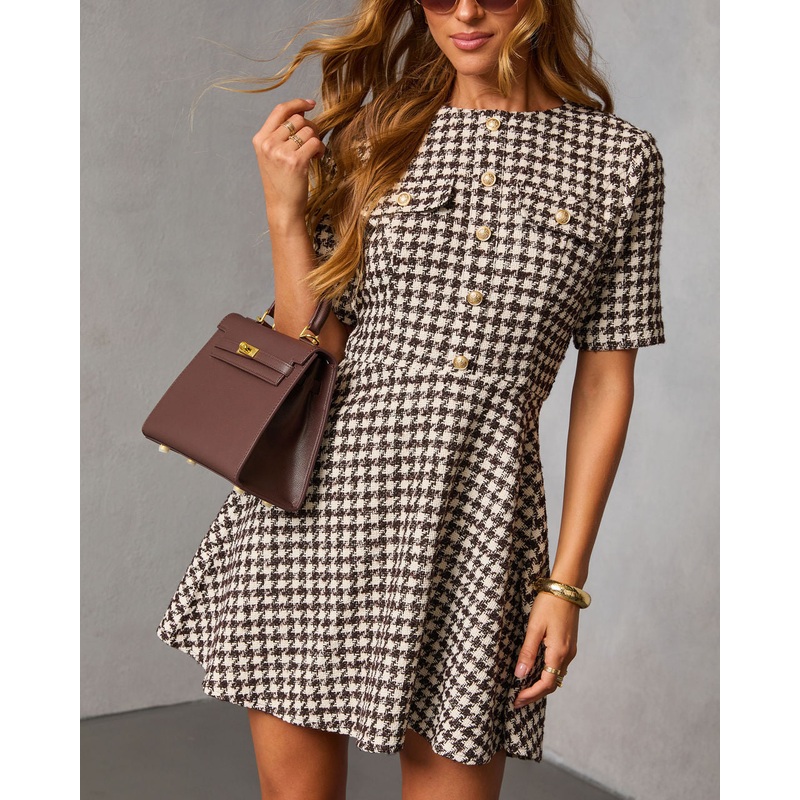 Lysette Tweed Houndstooth Mini Dress Brown/Ivory XS