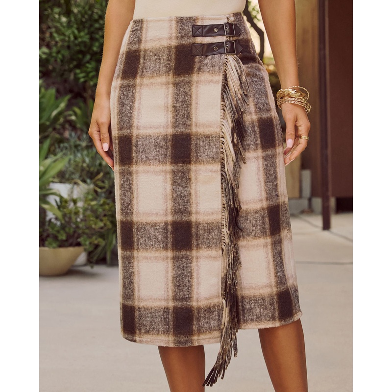 Sweet Warmth Plaid Fringe Trim Midi Skirt Brown Multi XS