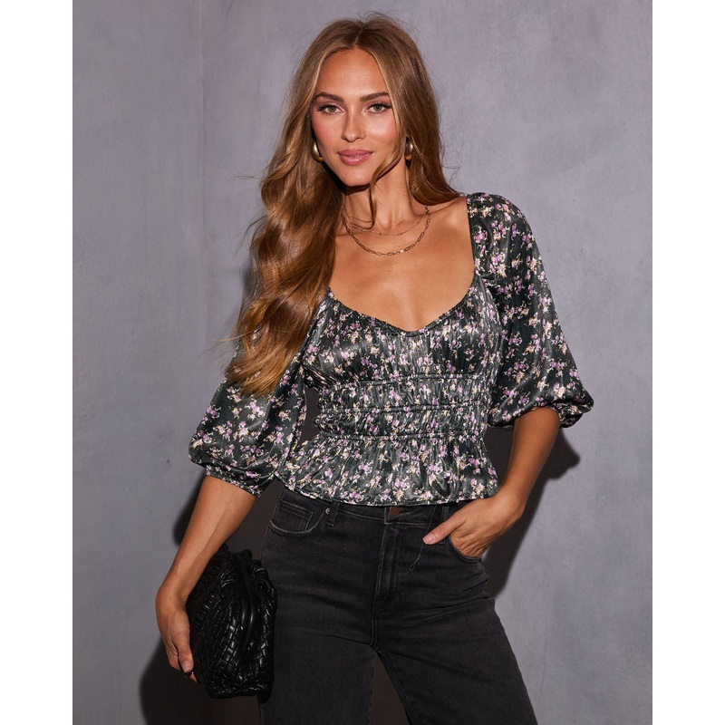 Undeniably Her Printed Peplum Top Black Floral XS