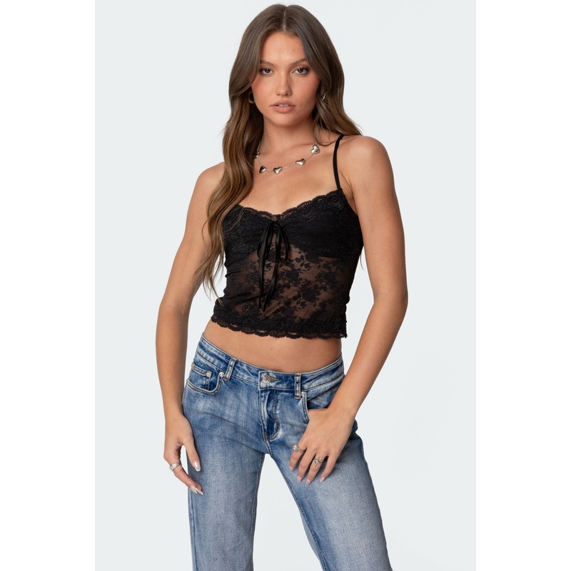 Cami Sheer Lace Tank Top BLACK XS