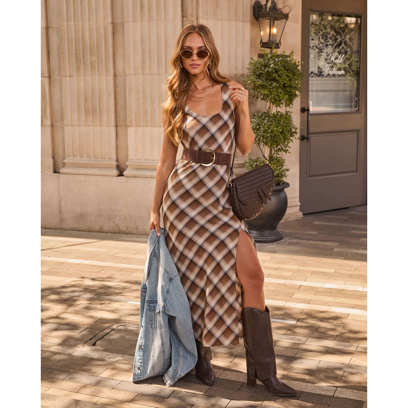 Chestnut Echo Plaid Maxi Dress Brown Plaid XS