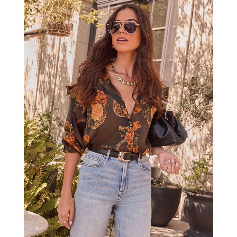 Fallowed Field Print Button Up Top Olive Multi XS