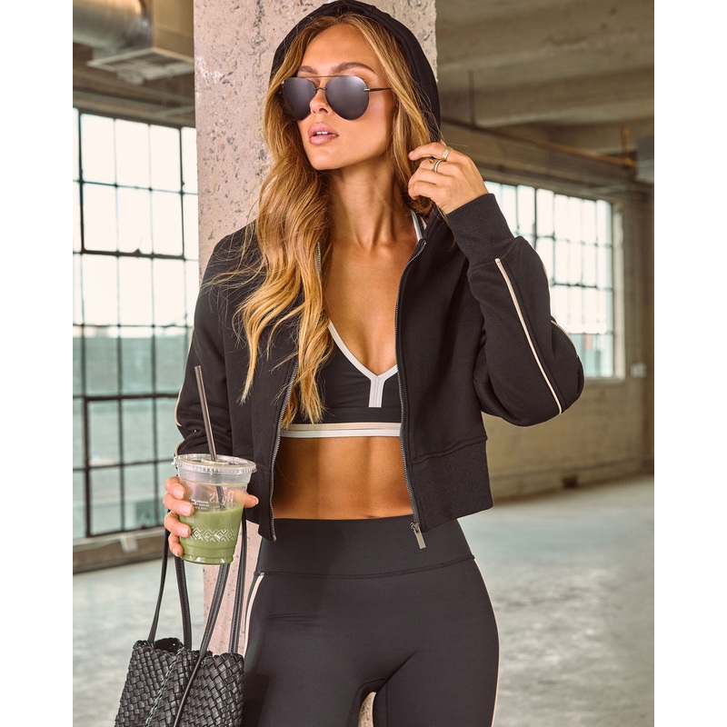Game Face Contrast Trim Cropped Zip Up Jacket Black XS