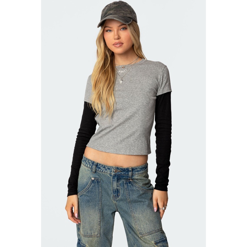 Lucine Layered Long Sleeve T Shirt GRAY MELANGE XS