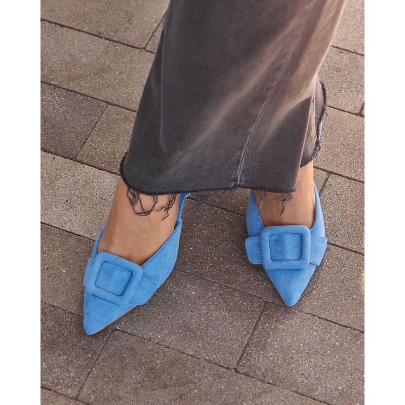 Shelbey Suede Buckle Slingback Heels Blue 6