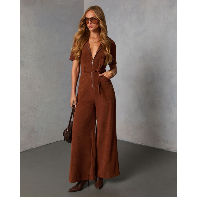 Warm Rust Tie Waist Corduroy Jumpsuit Brown XS