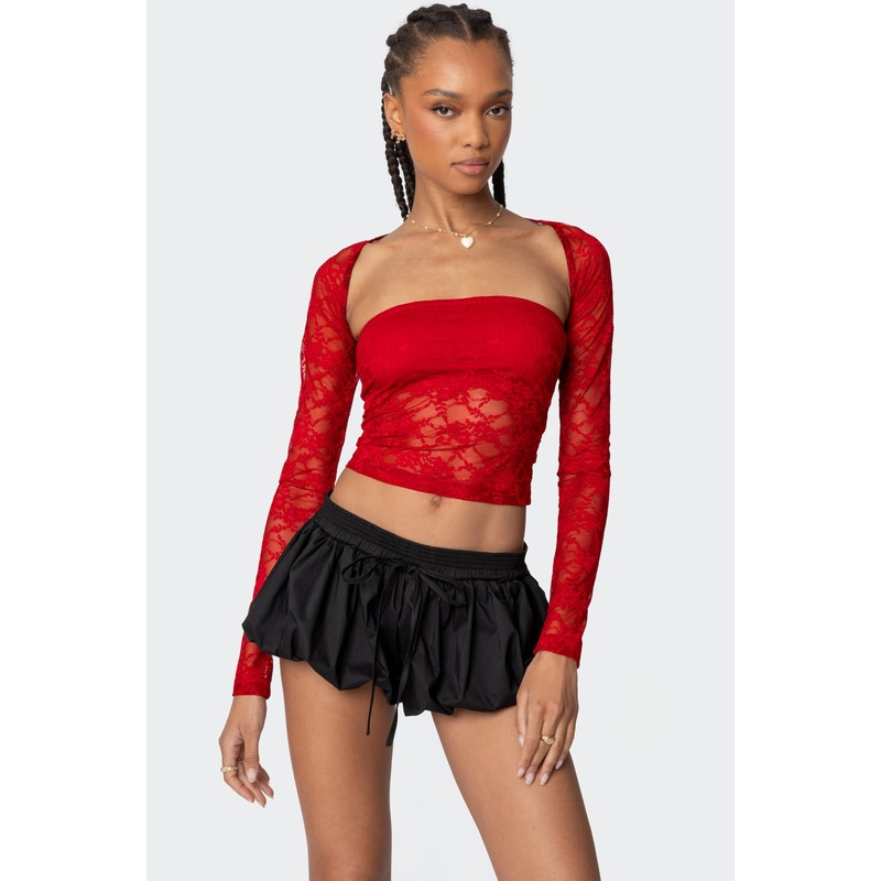 Addison Sheer Lace Two Piece Top RED XS