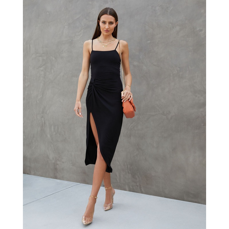 Adelina Twisted Front Slit Midi Dress Black XS