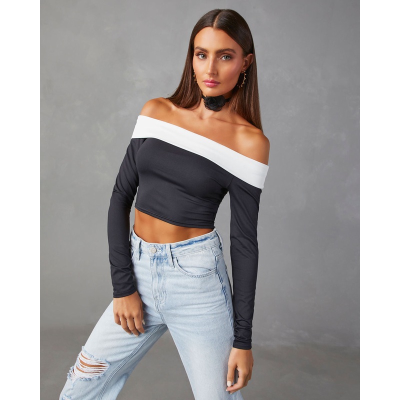 Barton Off Shoulder Long Sleeve Top Black/White S