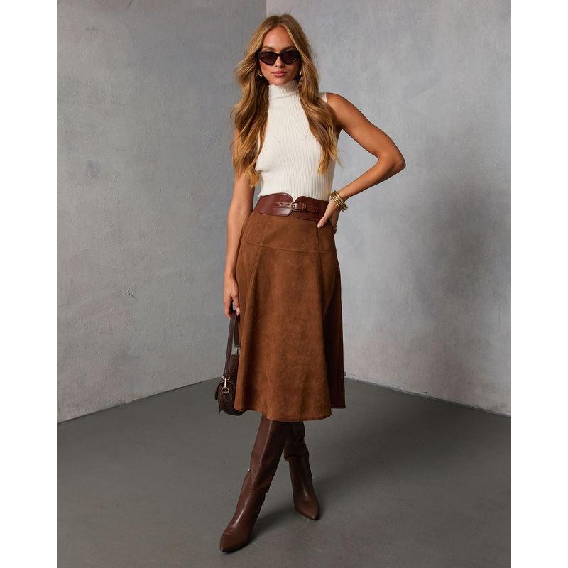 Burnt Maple Belted Suede Midi Skirt Camel XS